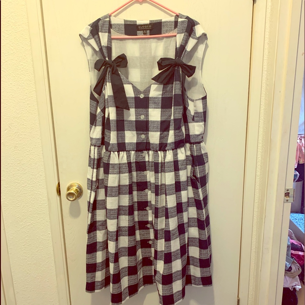 Eloquii Blue/White Gingham Button Down Bow Dress
